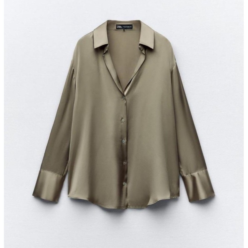Zara Women Olive Green Basic Satin Finish Button Up Blouse Long Sleeve Shirt XL - Picture 2 of 9